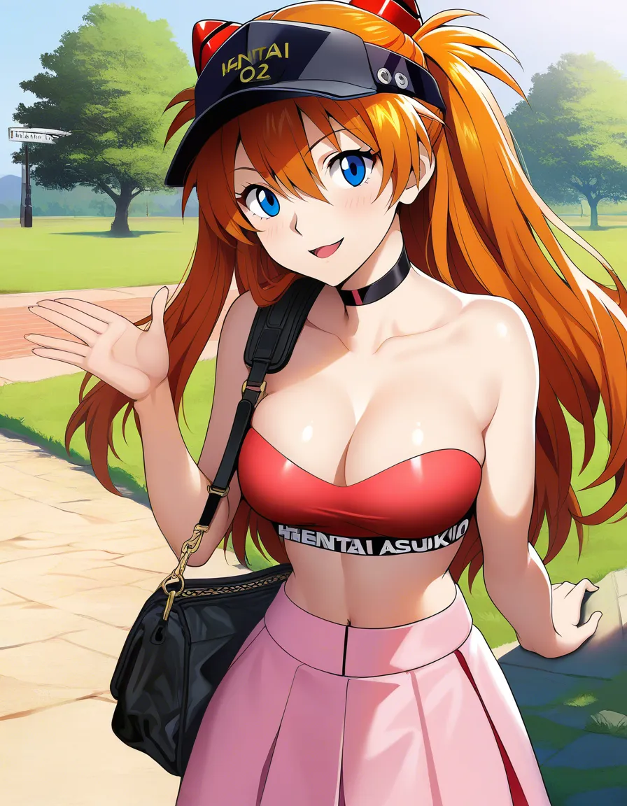 /masterpiece /ultra_detailed /highres @souryuu_asuka_langley #contemporary #pink_skirt #crop_top #smile #outdoors, hentai_studio_quality