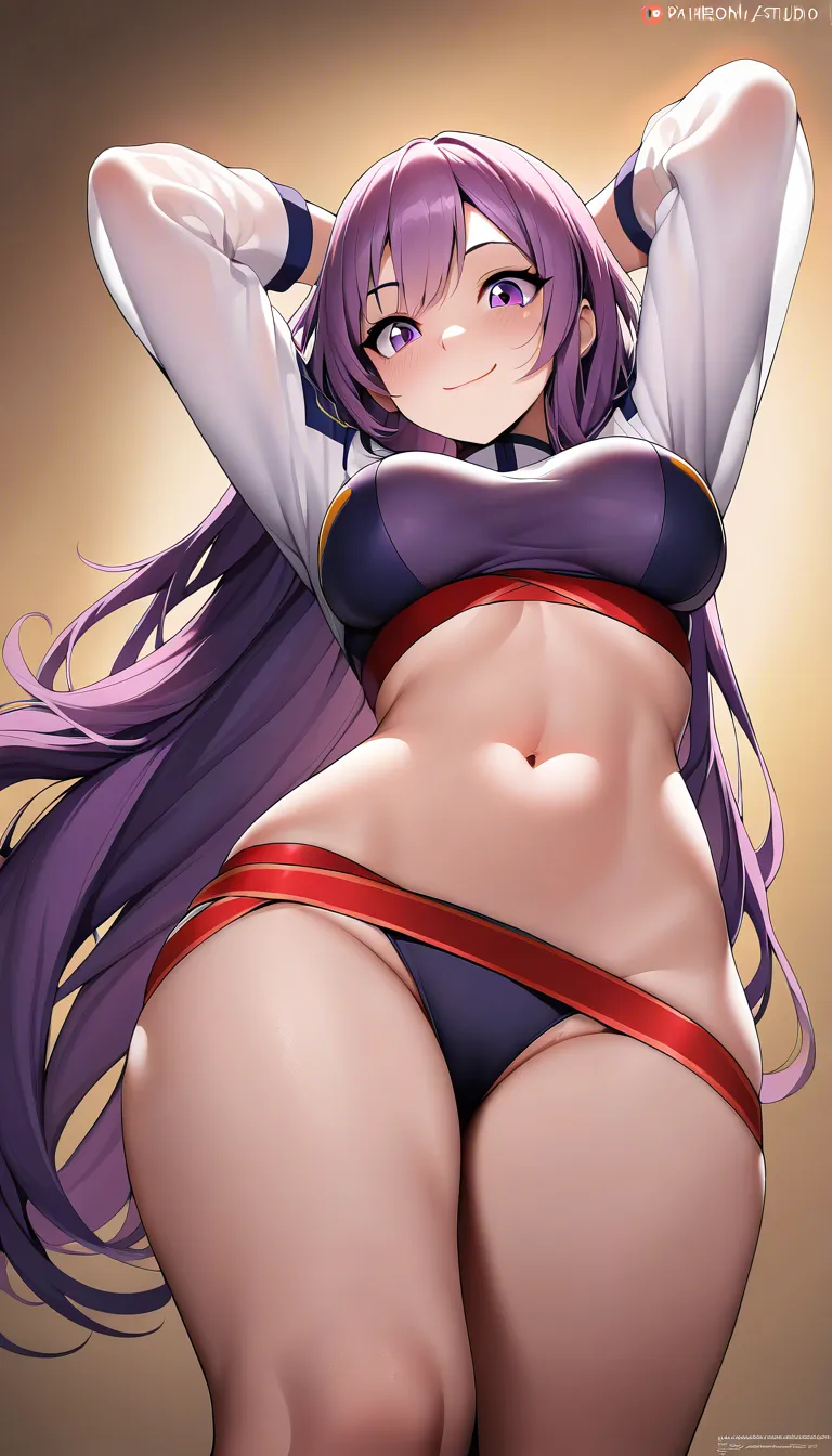 athena (psycho soldier), 1woman, purple eyes, purple hair, breasts, female focus, from below, medium breasts, long hair, looking down, arms up, arms behind her head, smile, standing, navel, white medium sleeve uniform, red ribbon on a top of her white uniform with a large sized purple pearl in the middle, thighs, purple pearl, panties, panties only, solo, midriff, white plain panties with a red ribbon, crotch, panty crotch, underwear, crotch_seam, showing her panty crotch on you, standing, she showing you only her panties, showing her panty crotch on you, then she move her body upwards to shake her while dancing, she began dancing her panties but only dancing her panty crotch, her panty crotch of her panties will shake when it dance dynamically,