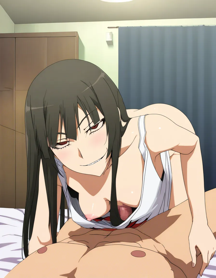 best quality, masterpiece, nipple_slip, no_bra, no_panties, small_breasts, 1girl, alone, full_body, oversized_clothes, oversized tank_top, all_fours, bedroom, naughty_face, paizuri, hentai_studio_quality