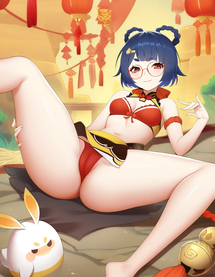 @xiangling_(genshin_impact), glasses, /hentai_studio_quality, small_breasts, naughty_face, red bra, red_panties, red_eyes, upskirt, seductive_smile, cameltoe,, hentai_studio_quality