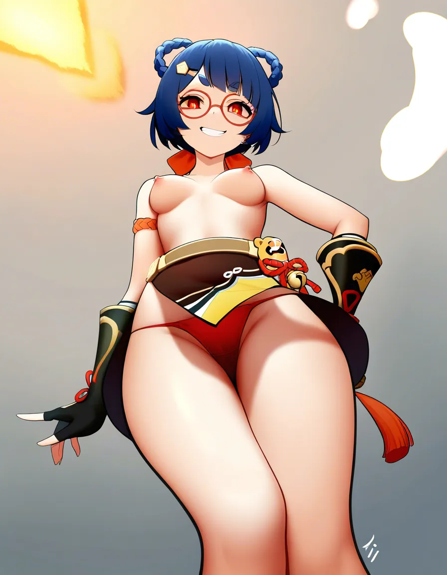 @xiangling_(genshin_impact), glasses, /hentai_studio_quality, small_breasts, naughty_face, no bra, no_shirt, topless, red_panties, red_eyes, upskirt, @xiangling_(genshin_impact) outfit, from_below, hentai_studio_quality, breasts,, hentai_studio_quality