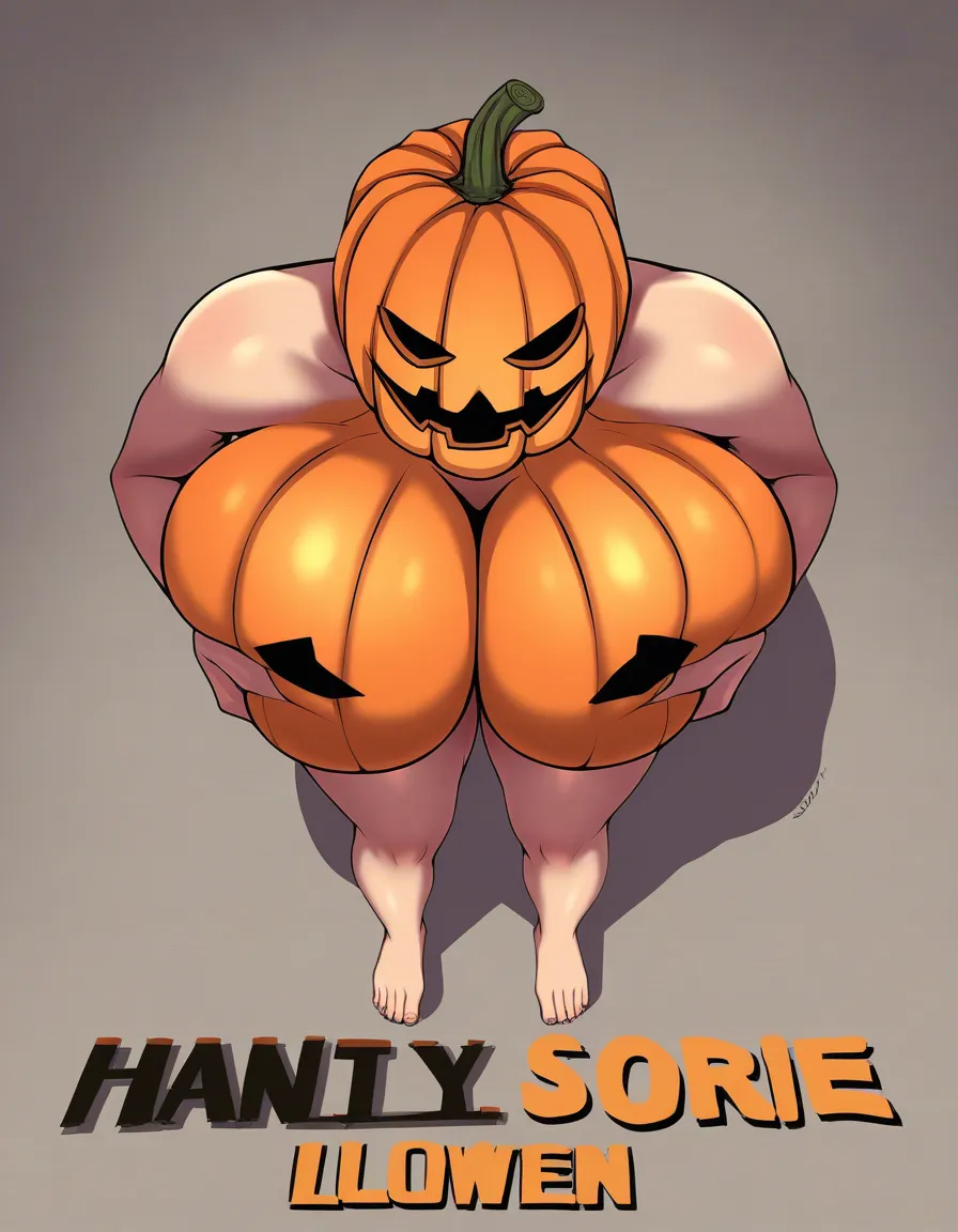 Girl,halloween pumpkin head,nude,squeezing own breasts, hentai_studio_quality