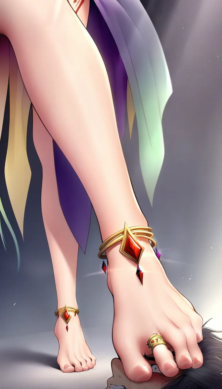 Irresistible girl no game no Life, standing up on one leg, High knee, dominant expression, seductive piercing eyes, alternative outfit, intricate jewelry, trample, humiliation, dominance, femdom, foot on face, ornate gold anklets, delicate jeweled toe rings, sexy legs, flawless skin texture, curvaceous body, cinematic lighting, dramatic shadows, big thighs, big hips, big boobs, size difference, larger female, smaller male, score_9, score_8, 3d render, octane render, subsurface scattering, ray tracing, smooth shading, hentai_studio_quality, (anime style:1.3), 2d, anime screencap, cel shading, flat color, @00osamio00