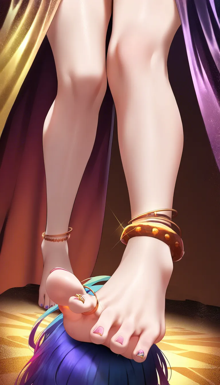 Beautiful girl no game no life, goddess, standing up on one leg, High knee, dominant expression, seductive piercing eyes, alternative outfit, intricate jewelry, trample, humiliation, dominance, femdom, foot on face, ornate gold anklets, delicate jeweled toe rings, sexy legs, flawless skin texture, curvaceous body, cinematic lighting, dramatic shadows, big thighs, big hips, big boobs, size difference, larger female, smaller male, score_9, score_8, 3d render, octane render, subsurface scattering, ray tracing, smooth shading