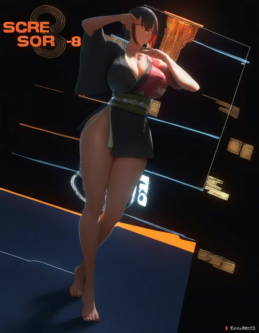 masterpiece, best quality, fitness model, toes, japanese clothes, blowjob, black background, hentai style, score_9, score_8, 3d render, octane render, subsurface scattering, ray tracing, smooth shading