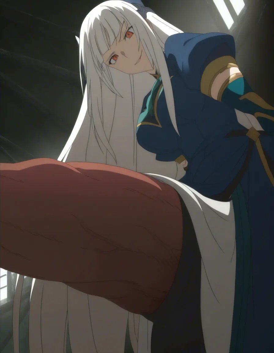 cinematic photo, 8k, futanari, white_hair, bulge, long_dress, huge_penis, hentai_studio_quality, (anime style:1.3), 2d, anime screencap, cel shading, flat color