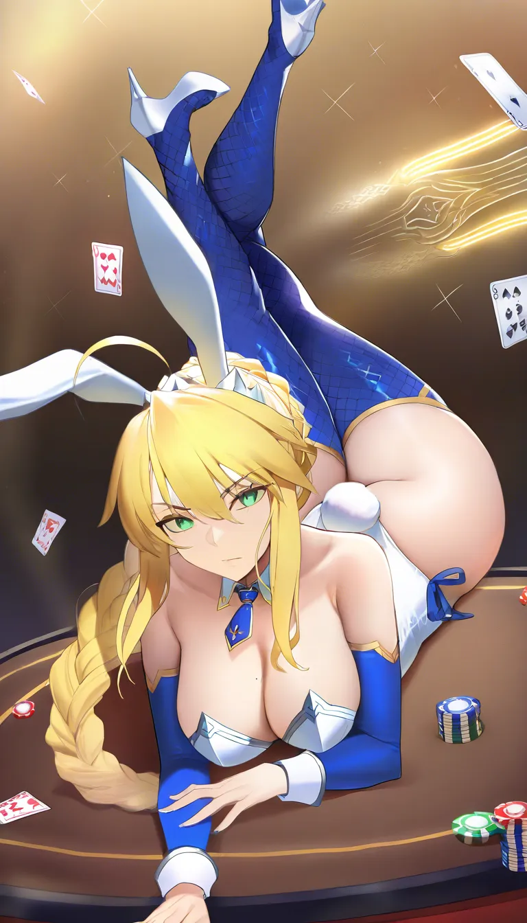 1girl, artoria pendragon (ruler), artoria pendragon, masterfully crafted,
(long blonde hair:1.3), braided ponytail, hair bun, ahoge, green eyes, blunt bangs,
white bunny ears, white and blue bunny suit, strapless bunny suit, thighhighs,
white collar, black tie, white cuffs,(massive breasts:1.2),(sagging breasts:1.2),(soft breasts:1.4),casino,
rabbit gesture.(((pulling down bra))), surprise., hentai_studio_quality