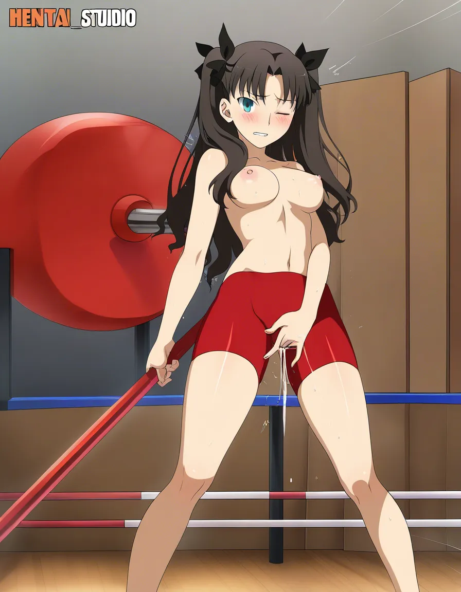 @tohsaka_rin, topless, red bike_shorts, standing, legs apart, blush, one_eye_closed, looking_at_viewer, female_masturbation, orgasm, in gym., hentai_studio_quality