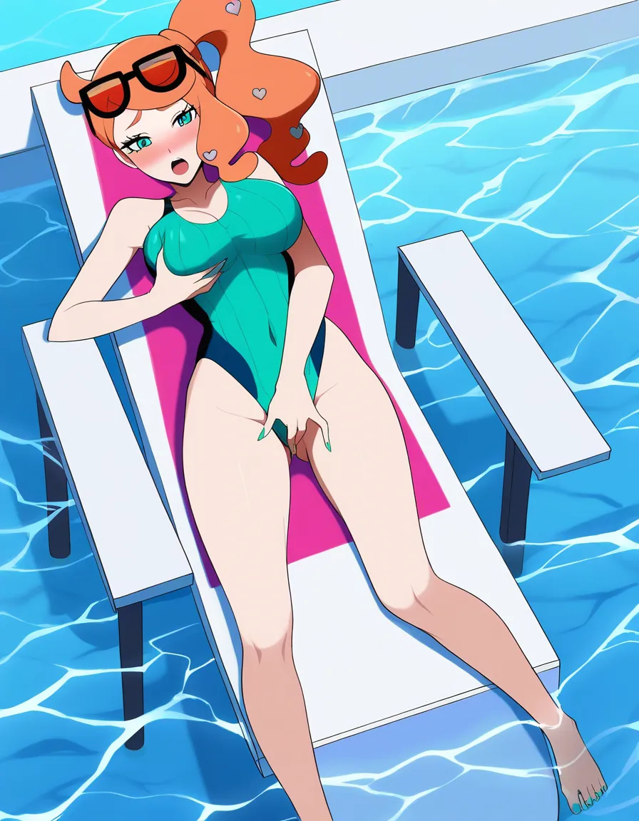 @sonia_(pokemon), aqua competition_swimsuit, on_back, legs_apart, blush, grabbing_own_breast, female_masturbation, moaning, on pool chair., hentai_studio_quality