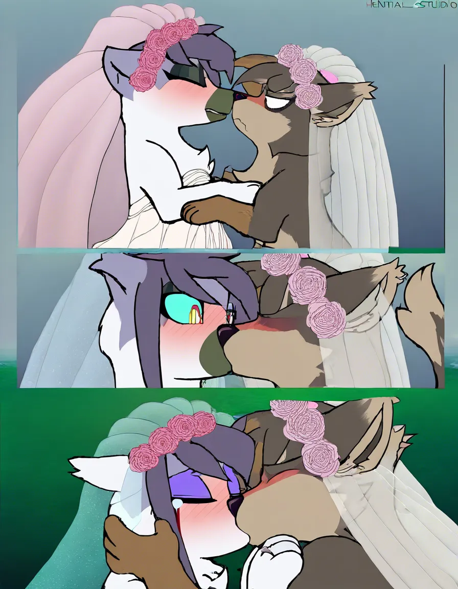 2girls, multiple_girls, no_humans, @tangle_the_lemur, @whisper_the_wolf, yuri, lesbian, bridal_veil, wedding_dress, wedding_ring, blush, kissing, crying, at wedding, animalization., hentai_studio_quality