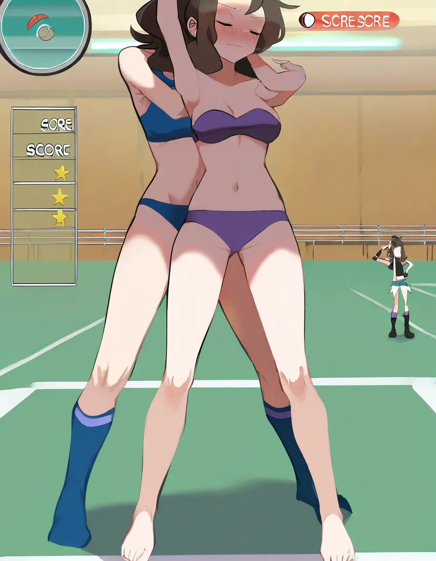 2girls, multiple_girls, @hilda_(pokemon), blue bandeau, no headgear, blue boyshort panties, blue kneehighs, @iris_(pokemon), purple bandeau, purple boyshort panties, purple kneehighs, standing, legs_apart, blush, closed_eyes, against_wall, grabbing_another's_breast, grabbing_from_behind, humping, sex_from_behind, moaning, orgasm, in dressing room, interracial., hentai_studio_quality