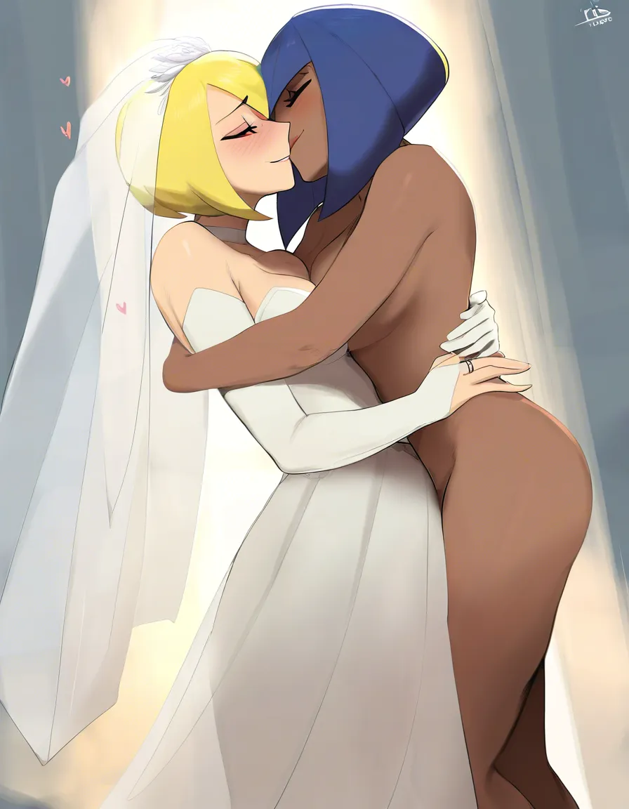 2girls, multiple_girls, @iris_(pokemon), dark-skinned_female, @canari_(pokemon), dark-skinned_female, bob_cut, blue_hair, blonde_hair, multicolored_hair, yuri, lesbian, wedding_ring, bridal_veil, standing, hug, grabbing_another's_ass, white bandeau, white buruma, blush, closed_eyes, white thighhighs, kissing, crying, in stadium, night., hentai_studio_quality