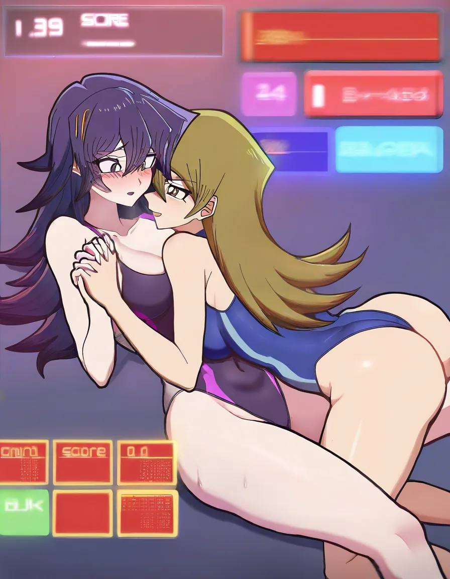 2girls, multiple_girls, @tenjouin_asuka, @kujaku_mai_(yu-gi-oh!), yuri, lesbian, on_back, girl_on_top, dark purple competition_swimsuit, dark purple high_heels, dark blue competition_swimsuit, dark blue high_heels, grabbing_own_breast, blush, closed_eyes, humping, cowgirl_position, moaning, orgasm, on_floor, in dressing room., hentai_studio_quality
