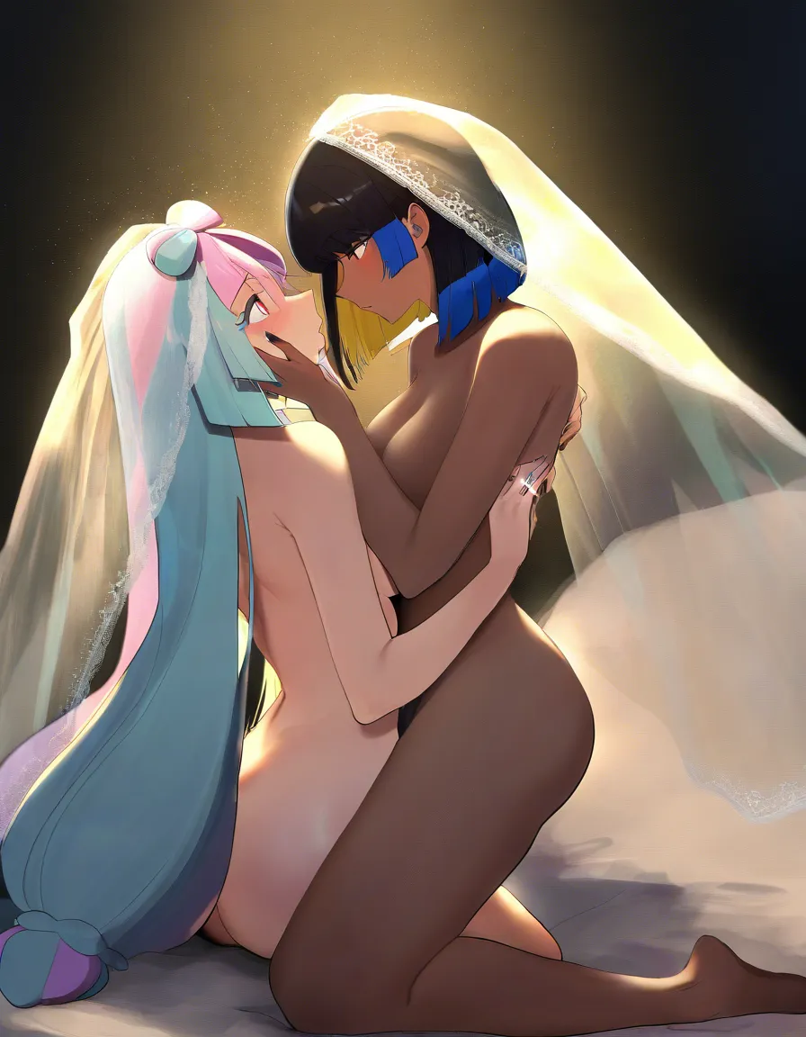 2girls, multiple_girls, @iono_(pokemon), @canari_(pokemon), dark-skinned_female, short_hair, bob_cut, blue_hair, blonde_hair, multicolored_hair, yuri, lesbian, completely_nude, bridal_veil, wedding_ring, on_back, girl_on_top, legs_apart, blush, closed_eyes, strapon, cum_in_pussy, grabbing_another's_breast, grabbing_another's_ass, moaning, orgasm, on bed, livestream., hentai_studio_quality, hentai_studio_quality, hentai_studio_quality, hentai_studio_quality