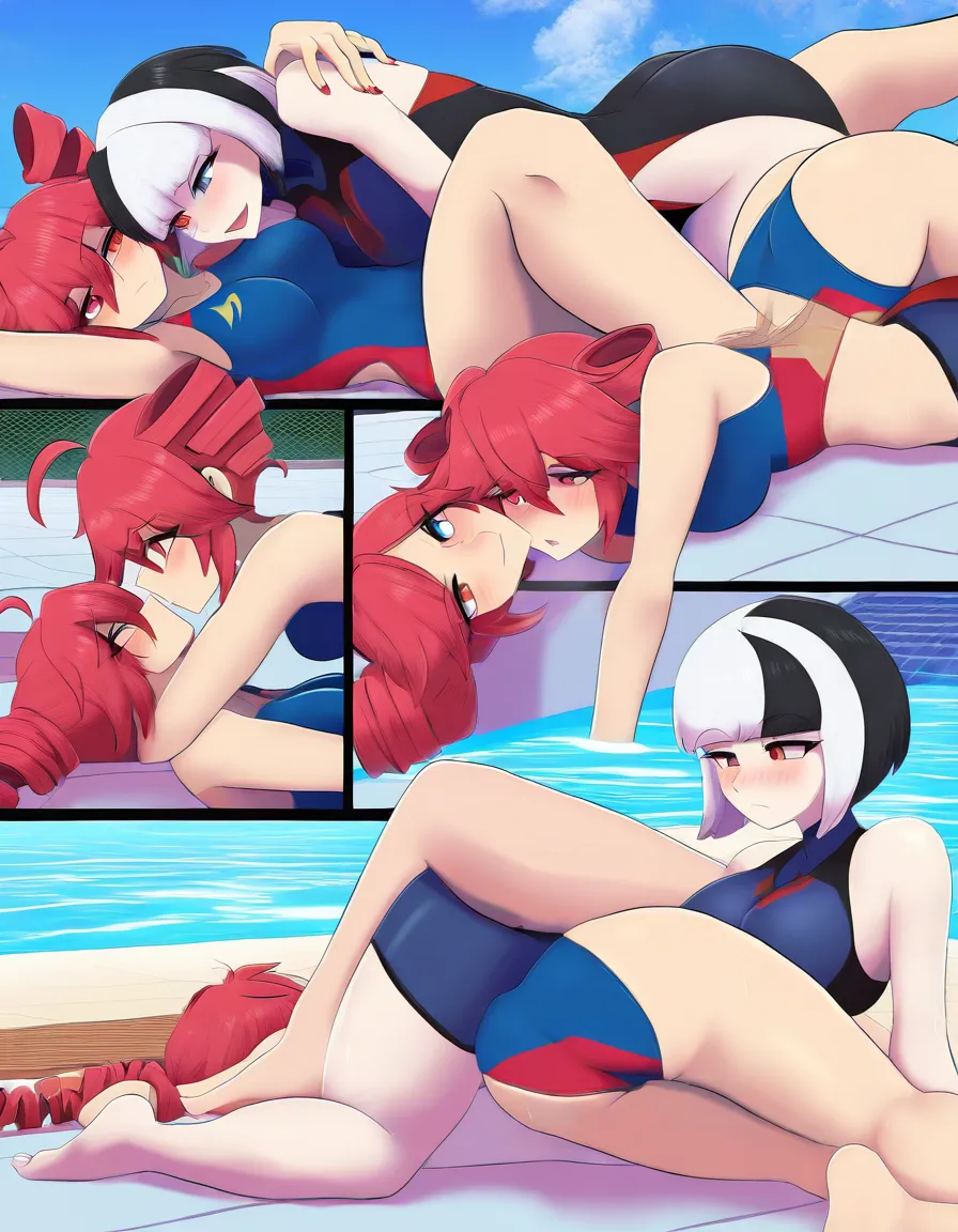 2girls, multiple_girls, @kasane_teto, red competition_swimsuit, @luna_snow_(marvel_rivals), short_hair, black_hair, white_hair, multicolored_hair, blue competition_swimsuit, heterochromia, yuri, lesbian, on_stomach, girl_on_top, straddling, humping, sex_from_behind, blush, moaning, orgasm, on_bed, beach, outdoors., hentai_studio_quality