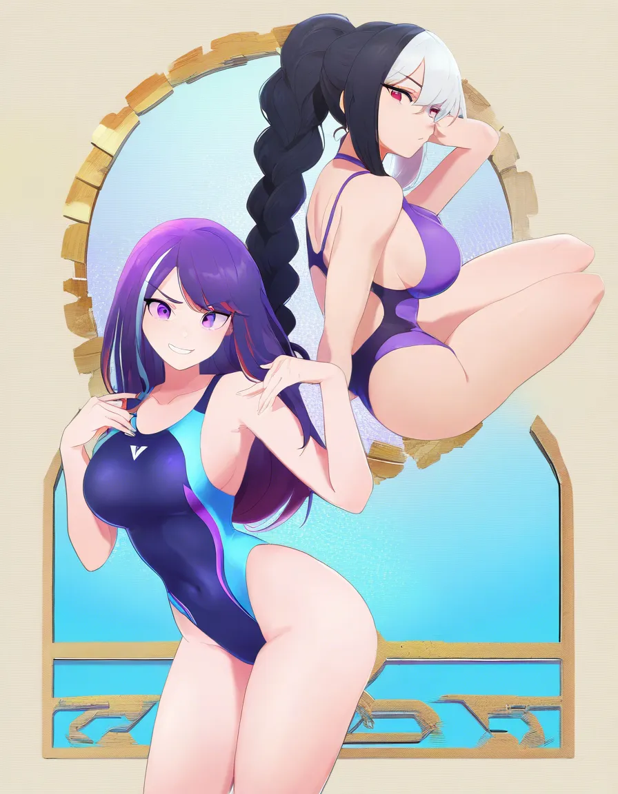 2girls, multiple_girls, @rumi_(k-pop_demon_hunters), purple_hair, long_hair, braided_ponytail, purple competition_swimsuit, @luna_snow_(marvel_rivals), short_hair, black_hair, white_hair, multicolored_hair, blue competition_swimsuit, heterochromia, yuri, lesbian, standing, standing_on_one_leg, against_wall, blush, eye_contact, hug, grabbing_another's_breast, grabbing_another's_ass, seductive_smile, closed_mouth, imminent_kiss, in dressing room., hentai_studio_quality, hentai_studio_quality, hentai_studio_quality
