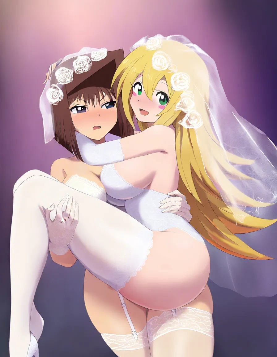 2girls, multiple_girls, @dark_magician_girl, @mazaki_anzu, yuri, lesbian, standing, bridal_veil, wedding_ring, white lace leotard, white lace gloves, white lace thighhighs, princess_carry, grabbing_another's_breast, grabbing_another's_ass, blush, closed_eyes, kissing, crying, at wedding., hentai_studio_quality, hentai_studio_quality