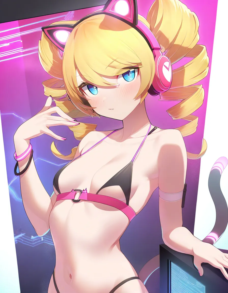 studio quality, best quality, Masterpiece, Detailed, shorty girl girl short, thin, narrow_waist, small_breasts, blue eyes, blonde_hair, long curly_hair, light peach skin, two long ponytails, pink headphones in a shape of Cat ears, super thin tight high profile pink single piece bikini, with thin strings, open toe pink heels, standing, solo, thongs, hugging wall, crossed_legs, City in clouds, pointy, from_side view, visible ass,, hentai_studio_quality