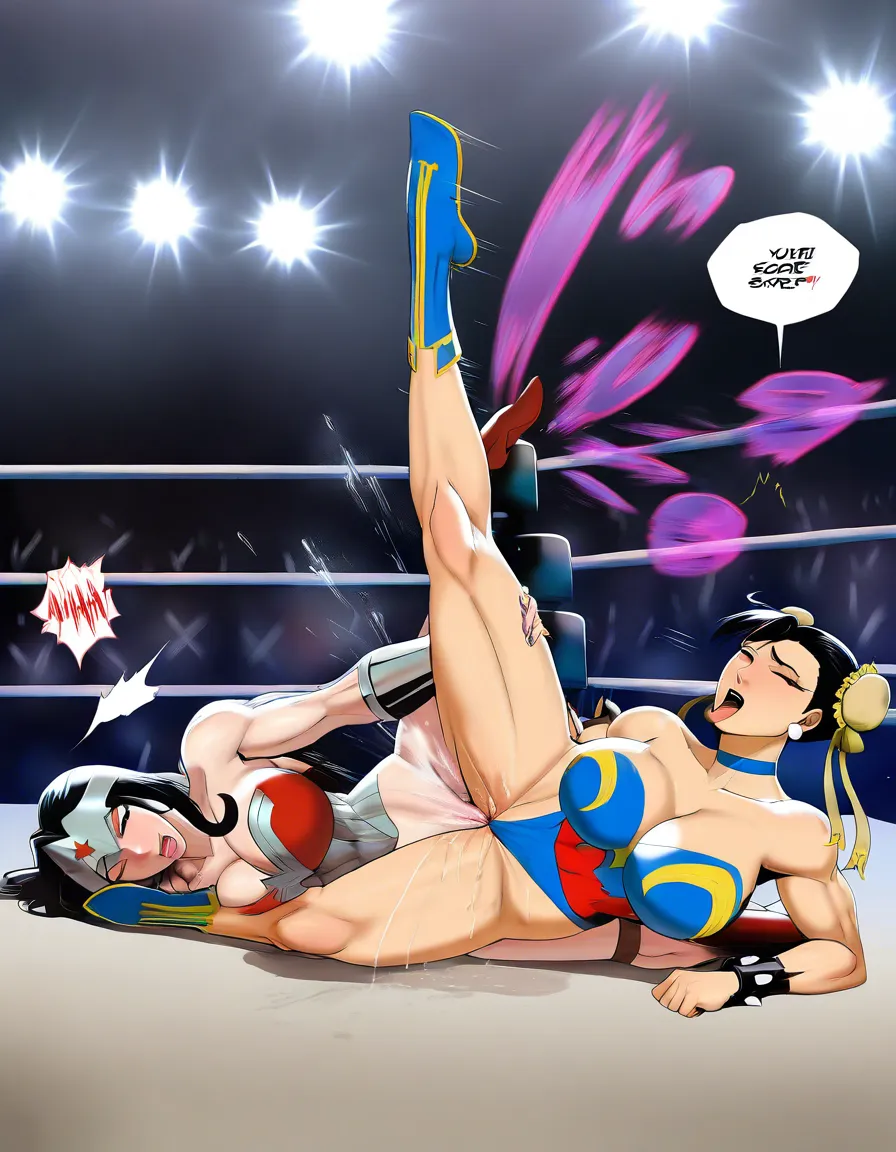 2girls , Best_quality, ultra_detailed, wonder_woman_(dc) , @chun-li , yuri sex ,wrestling_ring wrestling defeated, pussy_juice squirting orgasm , tribadism wince, on_side on_floor,, hentai_studio_quality