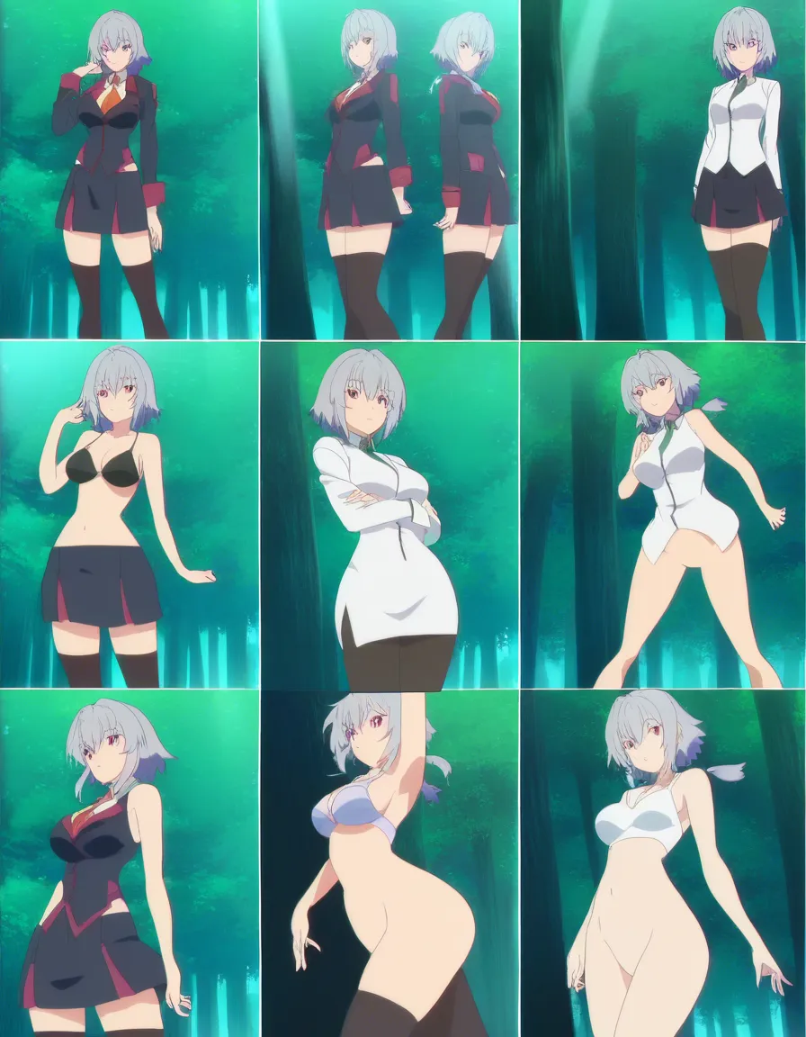 Girl, skirt, no panties, no shirt, bra, Woods, (anime style:1.3), 2d, anime screencap, cel shading, flat color