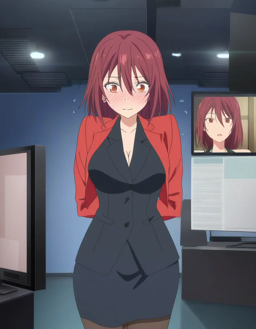 best quality, polished, milf, office wear, bondage, nervous blush, wide shot, eroge aesthetic, (anime style:1.3), 2d, anime screencap, cel shading, flat color