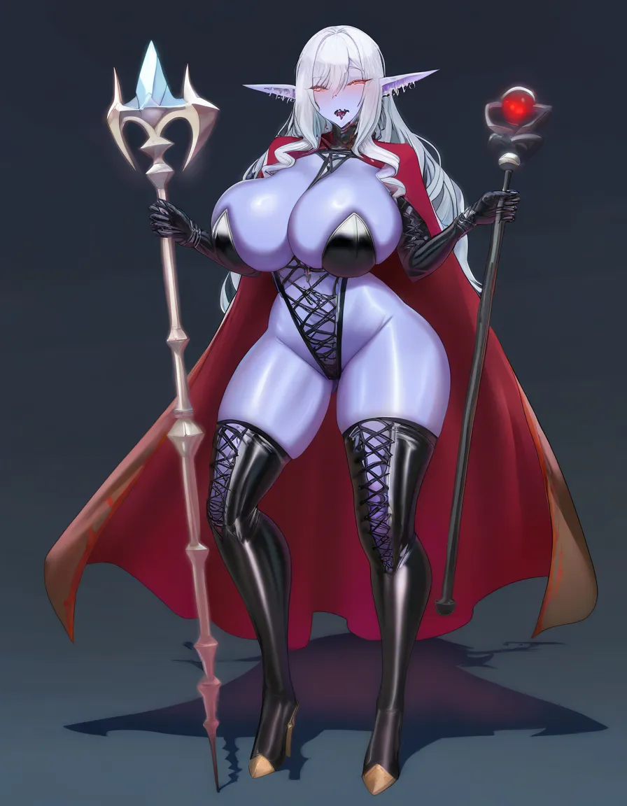 full body shot, adult high elf woman, mature ara ara expression, sharp piercing gaze, massive breasts, extremely sexy fantasy attire, revealing lace and leather, wearing lace stay-up stockings and high boots, long wavy silver hair, holding a magical scepter, anime style, high detail, flushed skin, bedroom eyes, voluptuous curves, vivid colors, (anime style:1.3), 2d, anime screencap, cel shading, flat color
