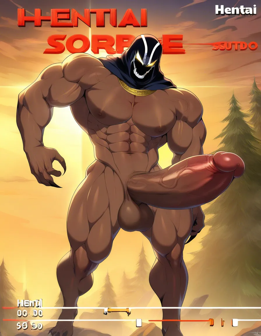 dark_skin, muscular, futanari, large_penis, evil_smile, hentai_studio_quality