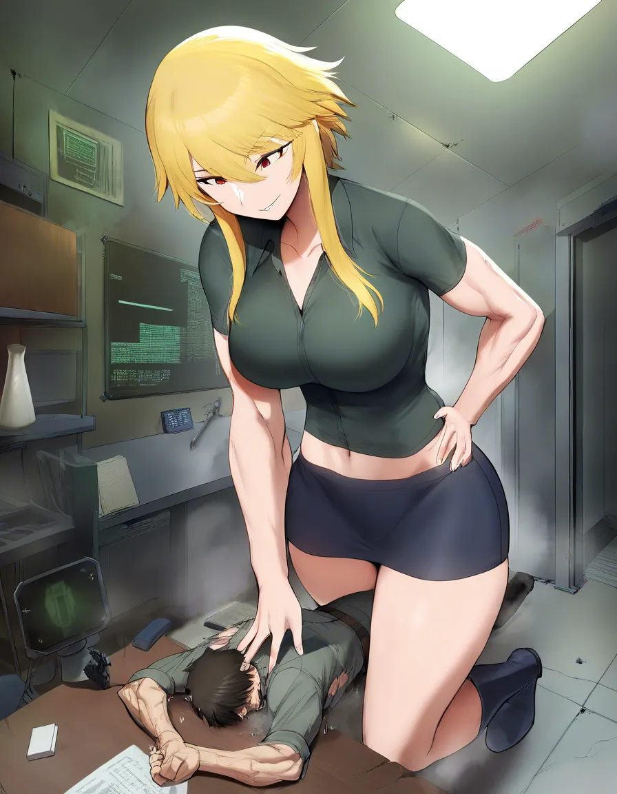 Giant muscular_female, petite male, adults, extreme size_difference , female torn_clothes torn_shirt military_uniform , female blonde_hair short_hair_with_long_locks , nerdy male scientist, military lab room, fog, science_fiction , femdom, pinned male against_wall, confident female, angry female looking_at_another, nervous blush male looking_up , breast_press, male black medium_hair, female abs, female big biceps, female big shoulders, female thick_thighs, female huge_ass, female wide_hips, huge_breasts, male narrow_waist, male stubble, throat lift, female carrying male, domination, eye_contact, aged_up, hentai_studio_quality