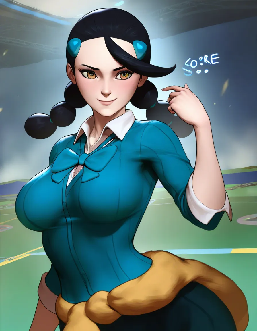 #tarakanovich_artstyle, @candice_(pokemon), pokemon, 1girl, solo, yellow_eyes, large_breasts, black_hair, twintails, multi-tied_hair, blue_hairclip, blush, smile, blue_bowtie, collared_shirt, blue_sweater, sweater_around_waist, white_shirt, brown_skirt, lifting_own_clothes, skirt_lift, ass, no_panties, full_body, standing, looking_back, from_behind, hentai_studio_quality