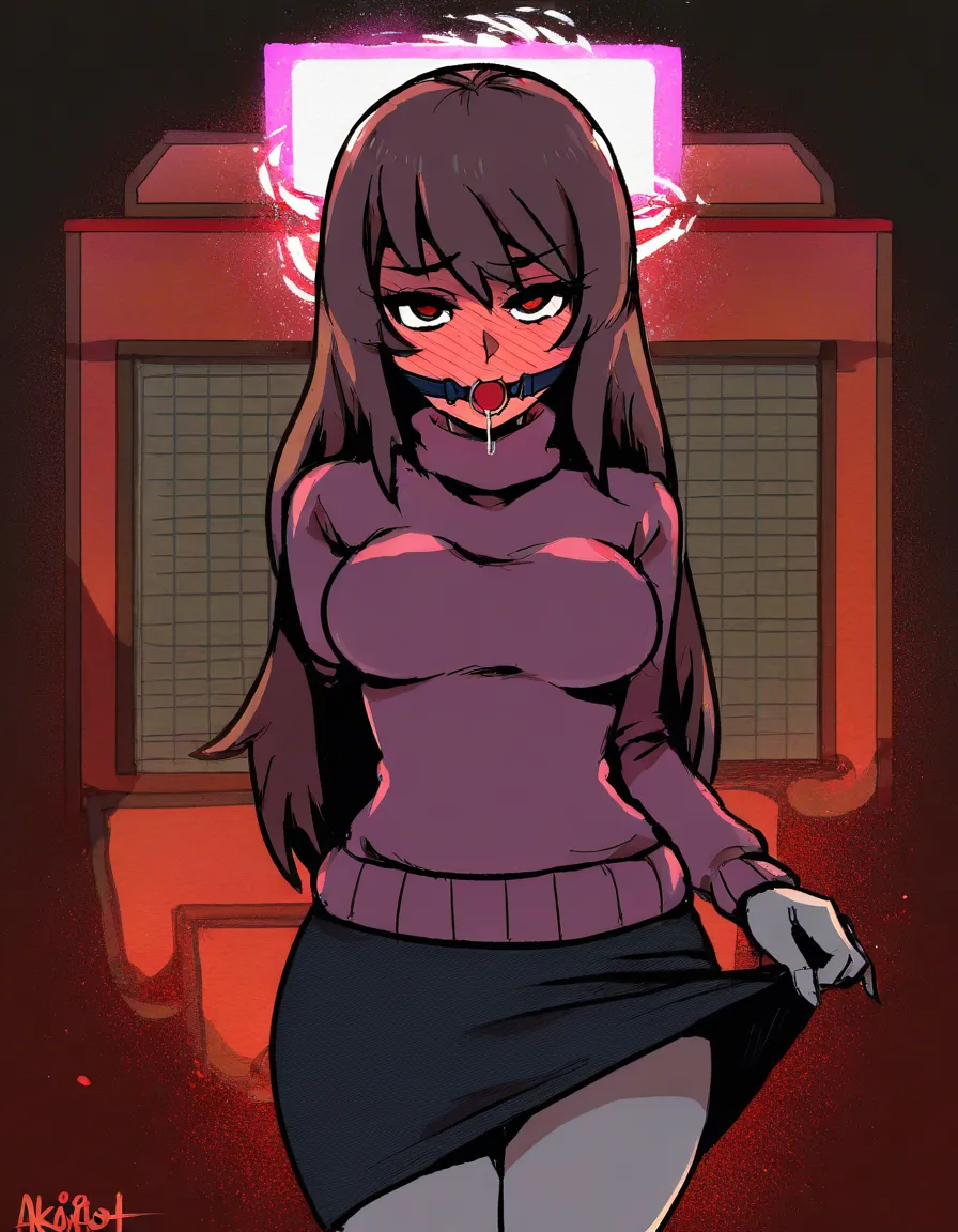 #akairiot_artstyle, @madotsuki, yume_nikki, 1girl, solo, aged_up, full-face_blush, naughty_face, medium_breasts, ball_gag, saliva, drooling, sweater, skirt, lifting_own_clothes, skirt_lift, ass, no_panties, full_body, standing, looking_back, from_behind, hentai_studio_quality