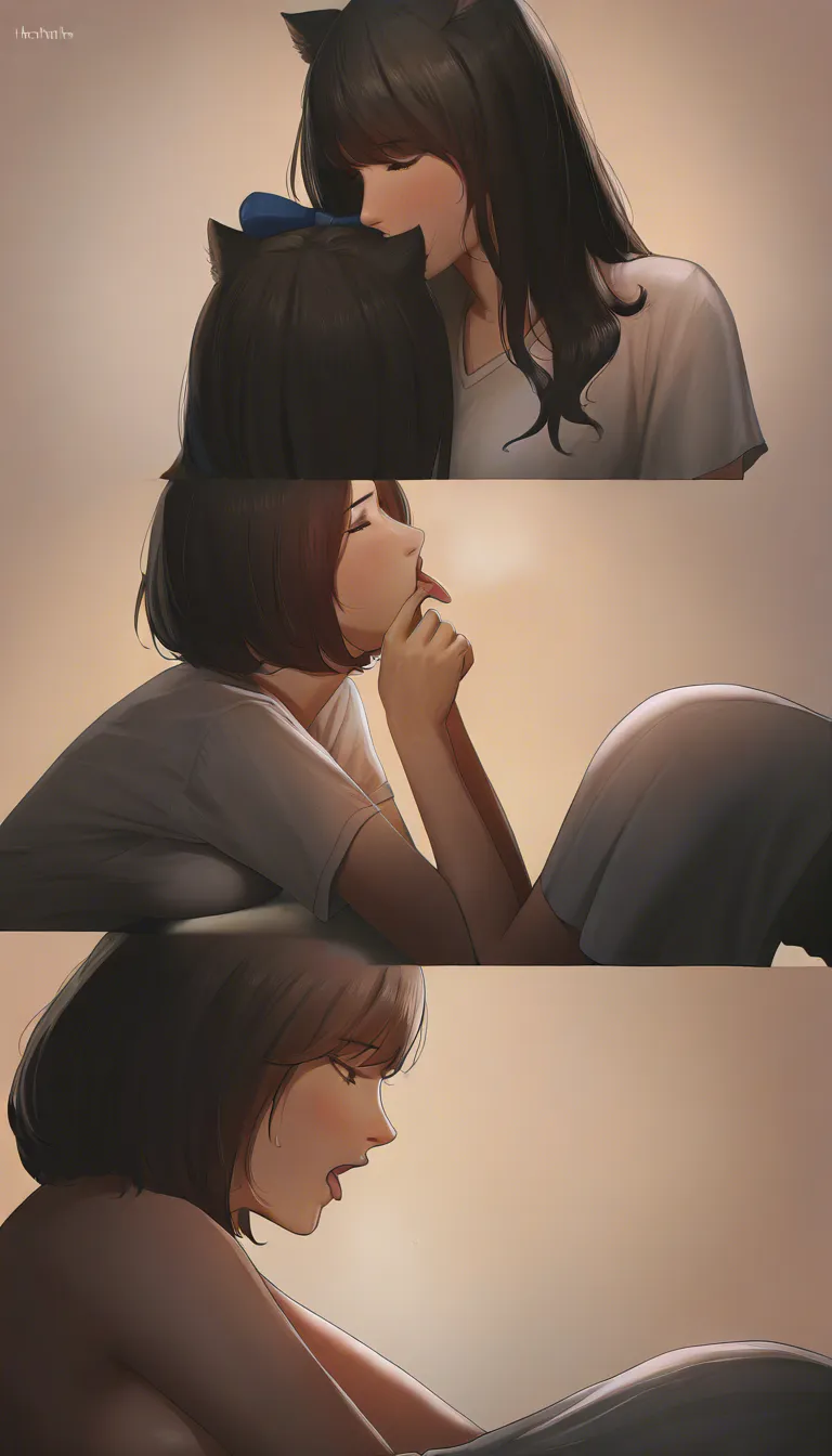 dslr, film grain, photorealistic, 2girls, Girl1: short hair, short sleeves, titties out, large_breasts orgasm. Girl2: long_hair, hair_bow cat_ears. Kissing with tongue. warm tones, film photography