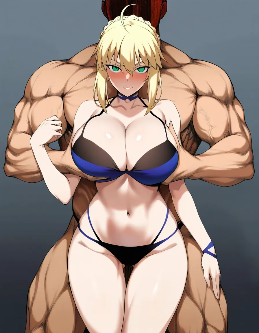 highres, vivid, 1girl, cleavage, looking_at_viewer, naughty_face, Artoria Pendragon, tall_muscular_male_from_behind, groping wide_shot, bikini, hentai_studio_quality