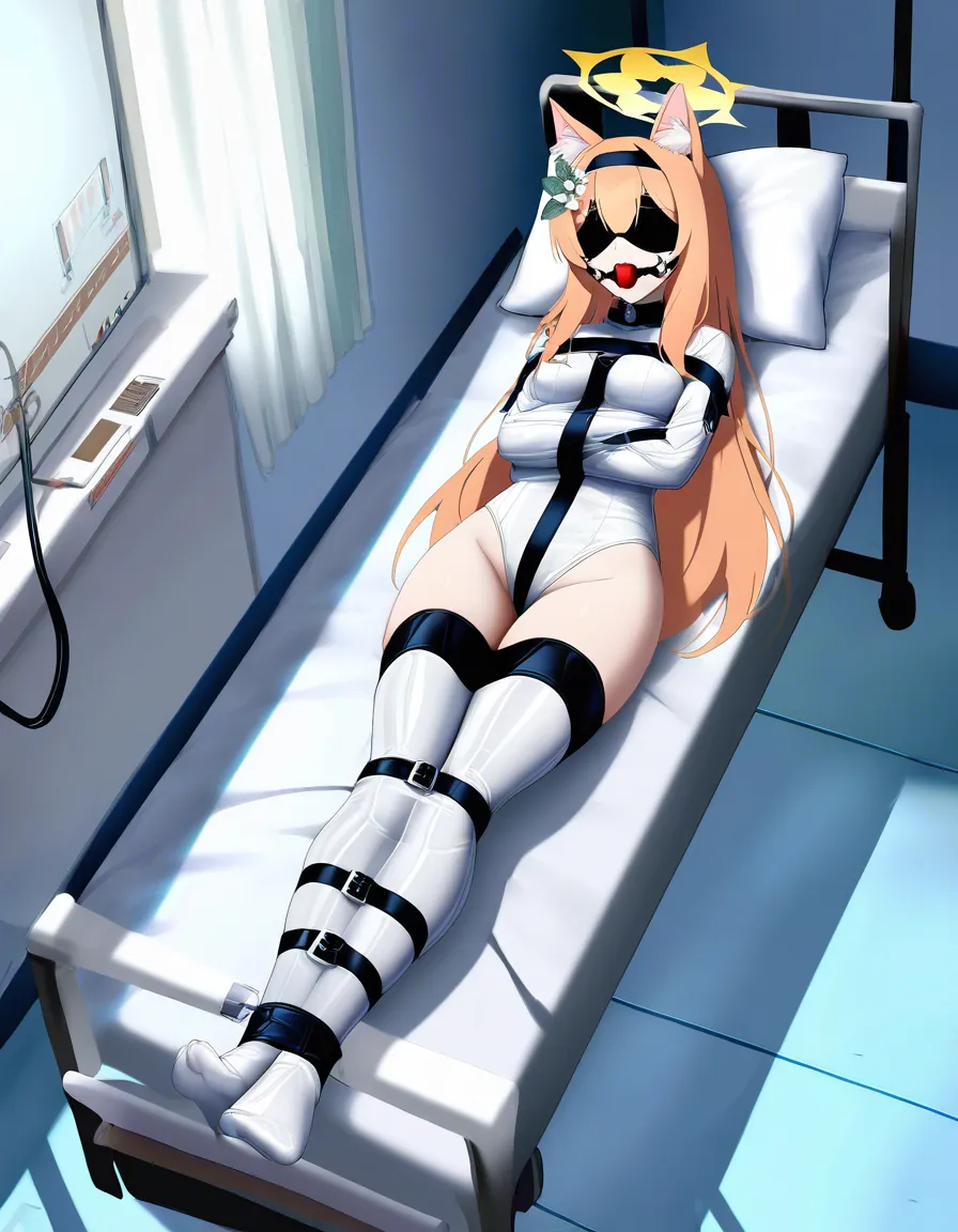 mari (blue archive), straitjacket, bound arms, lying on hospital bed, 1girl, indoors, harness ball gag, blindfold, pillow, latex thigh highs, bound legs, full-length portrait, viewing from top of the bed,, hentai_studio_quality