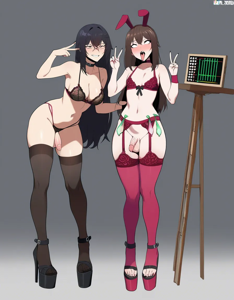 otoko_no_ko , lingerie , platform_footwear , thighhighs , dripping small penis , v , ahegao , used condom belt, hentai_studio_quality