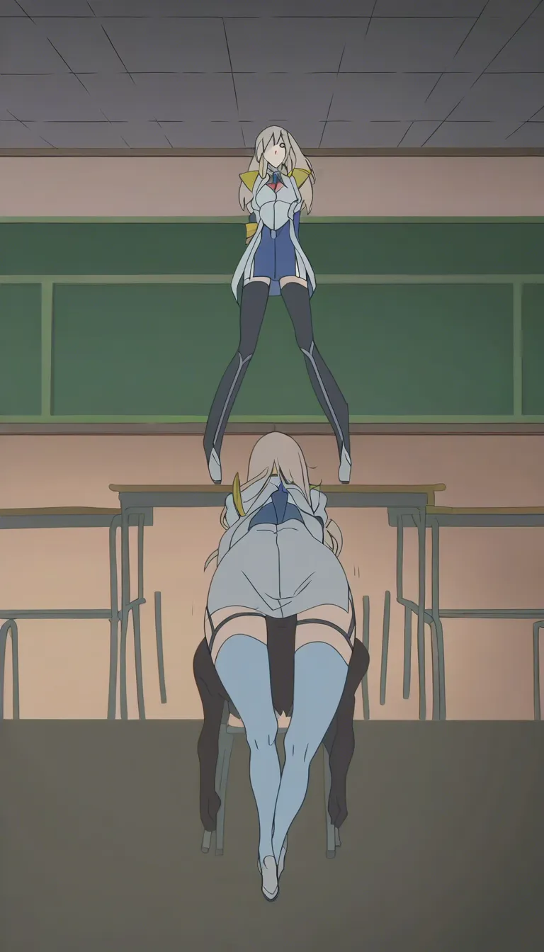 POV looking up: brunette riding on top in a classroom, thigh-high stockings, slow grinding hip motion, parted lips, soft daylight, photorealistic