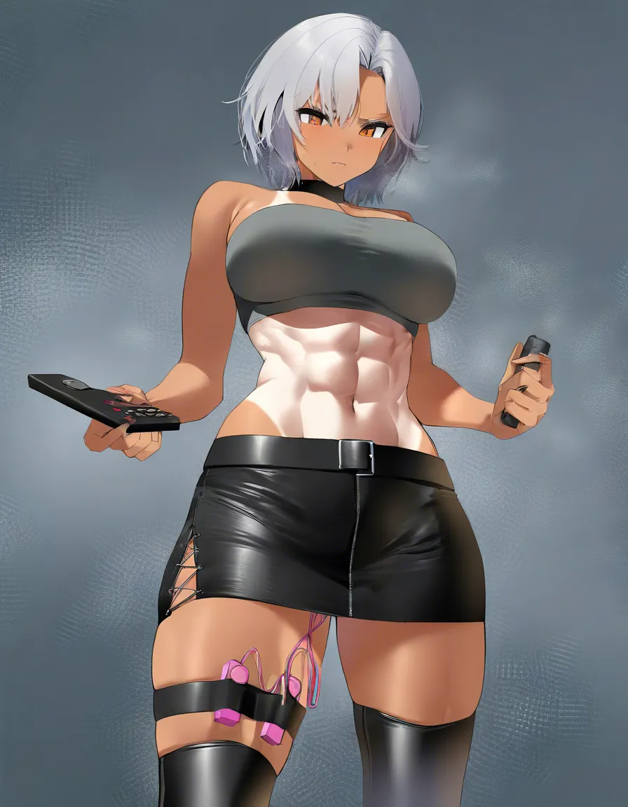 absurdres, highres, (1girl, sex_toy, BREAK black leather garter, BREAK Remote_controlled_vibrator, wireless_bullet_vibrator, ) (Black low-rise miniskirt, charcoal gray tube_top,) Tan, no_tanlines, (Athletic, Abs, long_legs) public_indecency, (Rose-pink, Long_hair, cascading, BREAK straight_hair, straight strands, BREAK forehead exposed,) Street, standing, crowded, legs_apart, hentai_studio_quality