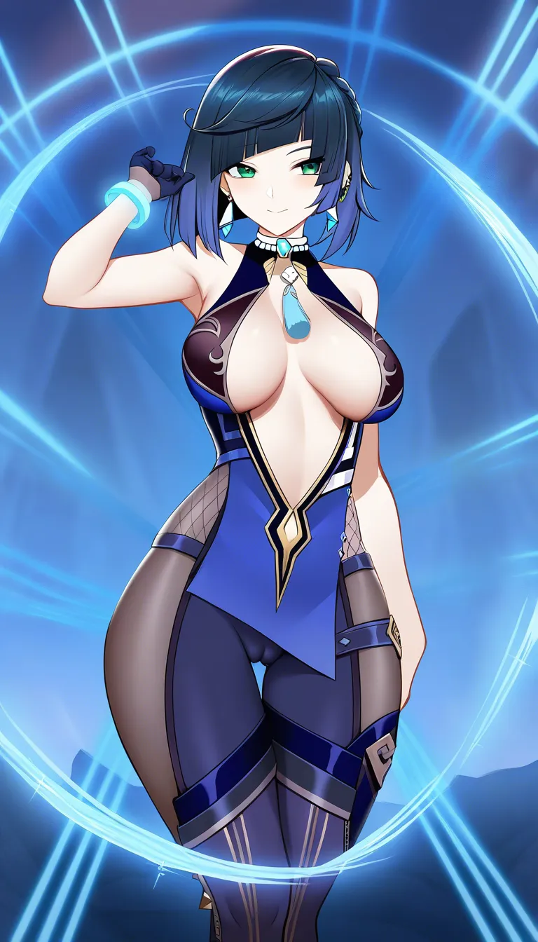 Masterpiece, Yelan Character from Genshin Impact, cameltoe, slightly reduced breasts, warm smile, cold palace background scale:0.1 for:, hentai_studio_quality