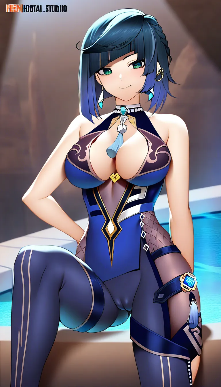 Masterpiece, Yelan Character from Genshin Impact, cameltoe, medium_breasts , warm smile, cold palace background, scale:0.1 for:, hentai_studio_quality, hentai_studio_quality, hentai_studio_quality, hentai_studio_quality, hentai_studio_quality