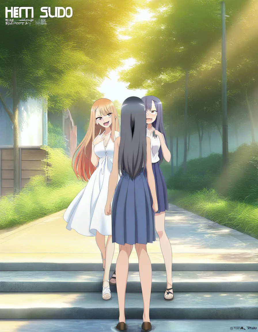 /masterpiece /ultra_detailed /best_quality /highres /sharp_focus #2girls @nagatoro_hayase @kitagawa_marin #sundress #full_body #outdoors #standing, hentai_studio_quality