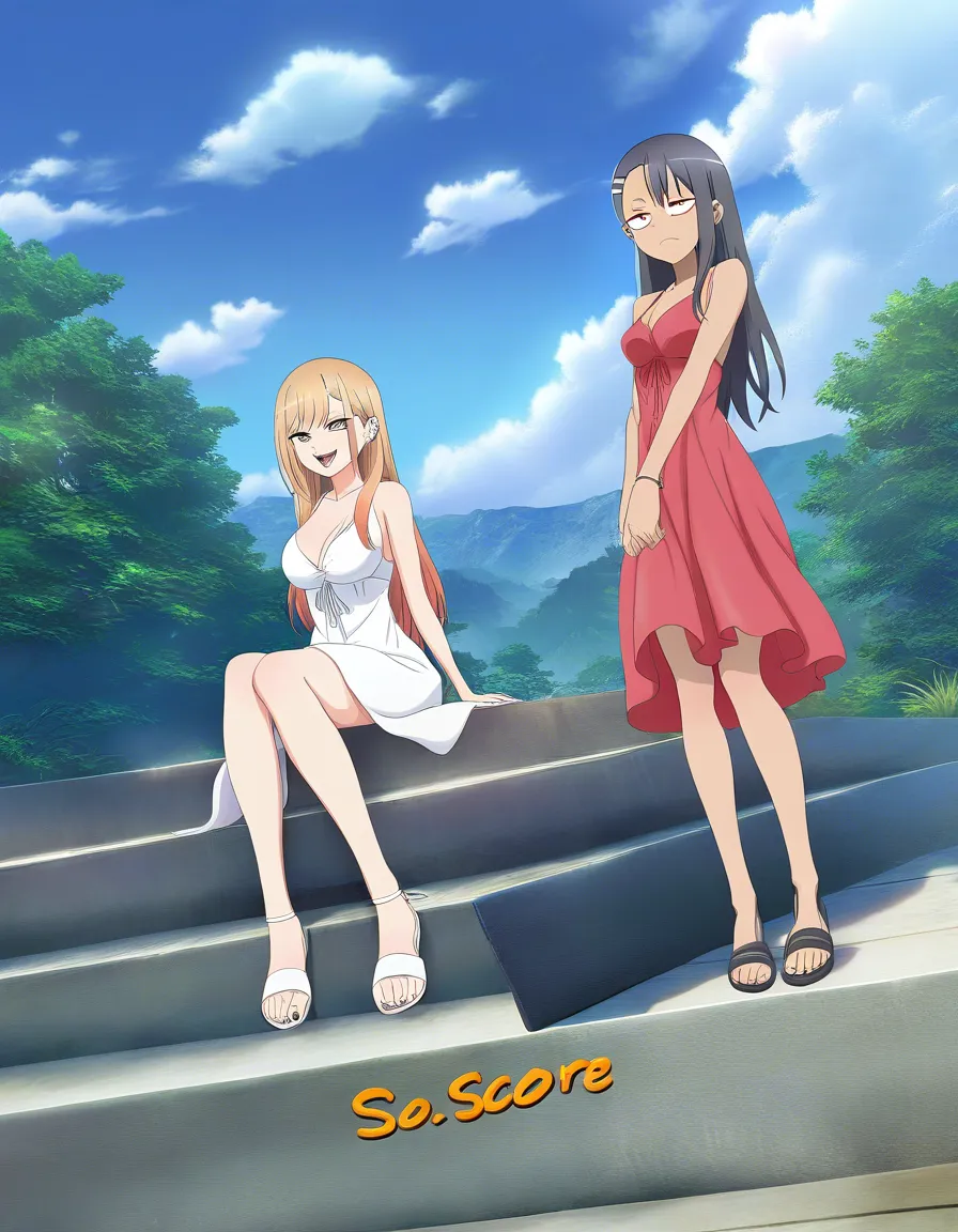 /masterpiece /ultra_detailed /best_quality /highres /sharp_focus #2girls @nagatoro_hayase #sundress #sitting @kitagawa_marin #sundress #standing, hentai_studio_quality