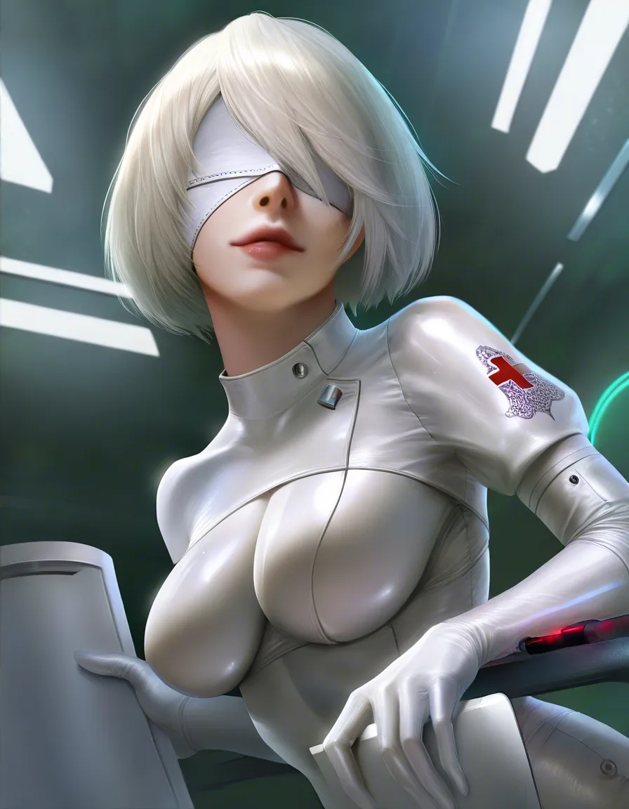 score_9, score_8_up, score_7_up, 1girl, 2b_\(nier:automata\), nier_\(series\), white_hair, covered_eyes, white latex bodysuit, nurse, realistic, ultra detailed, sagging_breasts, hentai_studio_quality