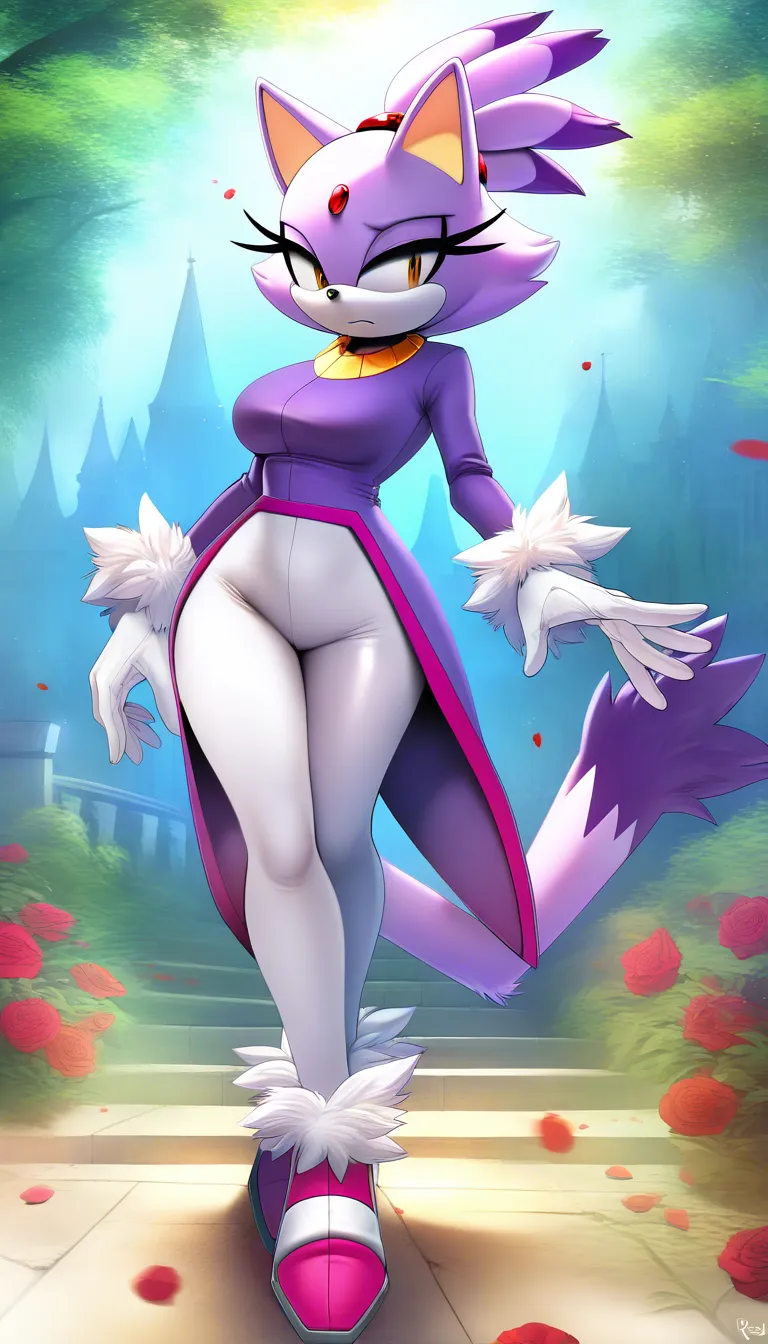 Blaze the Cat, mature adult female, purple fur, red jewel,a royal purple tailcoat with rose-pink trim, a gold neck collar, white leggings, white gloves with fluffy white cuffs, and rose-pink high-heeled shoes with matching fluffy cuffs gold collar. (Style: Saturated digital painting, 2D art with painted volume, rich vibrant colors, anime illustration, soft painted shadows, painted highlights (not reflective), flat cell-shading blended with airbrush, high saturation, hand-drawn look). Confident smirk, half-lidded eyes, pulling leggings down, seductive pose,pussy, nipples,  warm background, Masterpiece, fine art, stylized, matte finish, no reflections, vivid colors, high contrast, saturated palette, hentai_studio_quality, hentai_studio_quality, hentai_studio_quality