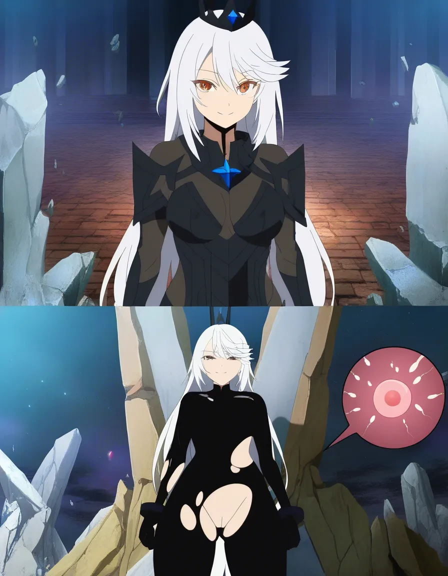 @nephis_(shadow_slave), white_hair, armor, black_bodysuit, crown, torn_clothes, cheating, smile, impregnation, (anime style:1.3), 2d, anime screencap, cel shading, flat color