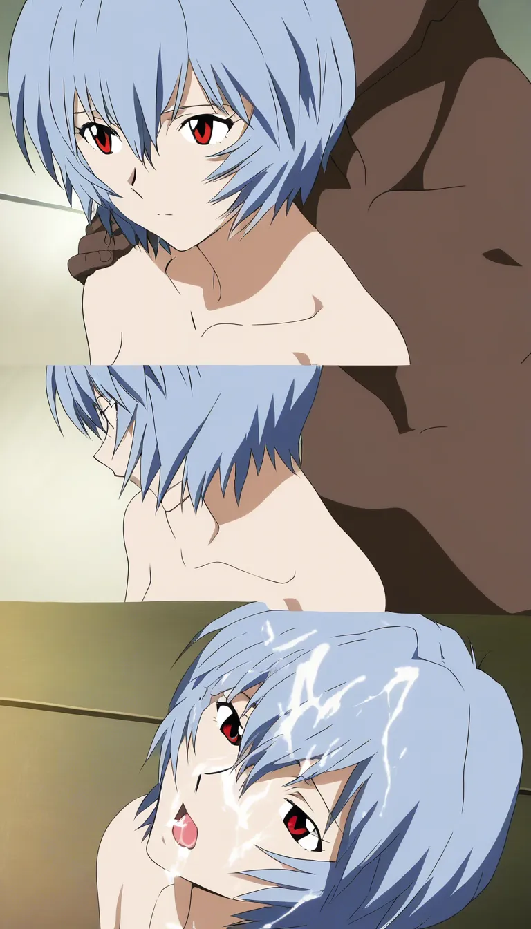 @ayanami_rei, white_skin, completely_nude, interracial, facial, cum_on_hair, (anime style:1.3), 2d, anime screencap, cel shading, flat color, @00osamio00