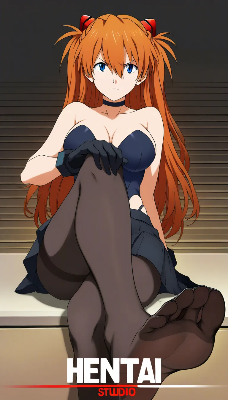 @souryuu_asuka_langley #feet #black_gloves #black_pantyhose #choker #skirt #sitting #looking_at_viewer, hentai_studio_quality, hentai_studio_quality
