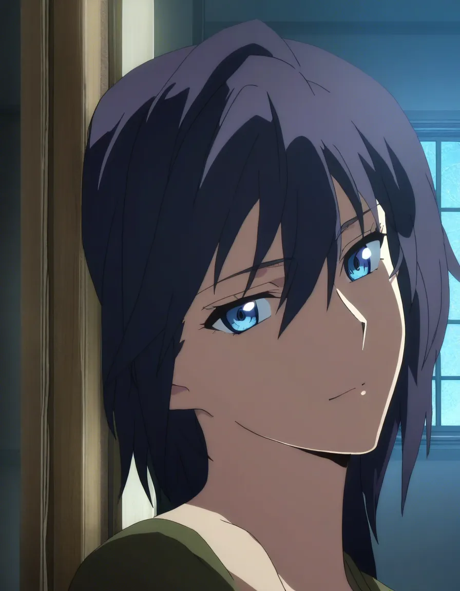 a woman with long dark hair in a black silk slip, soft window light, shot on film, (anime style:1.3), 2d, anime screencap, cel shading, flat color