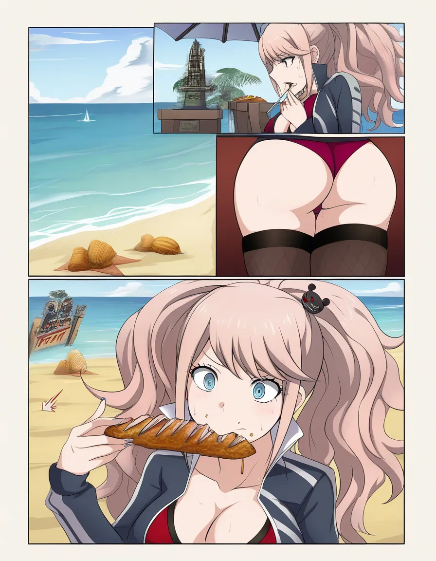 chiaki nanami and junko enoshima, ass eating, beach, sweat, hentai_studio_quality