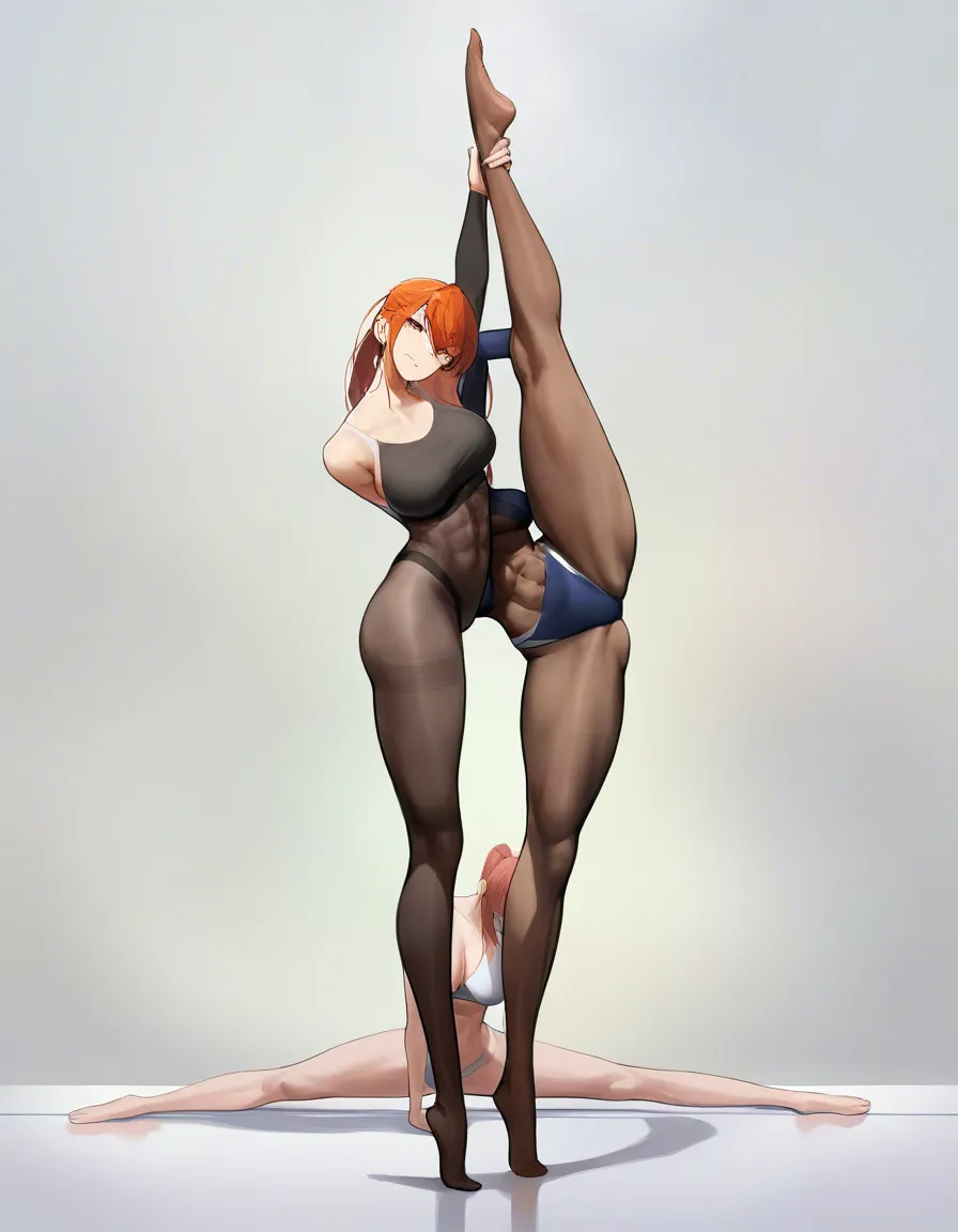 hot girl, full_body, girl doing splits while standing, standing_on_one_leg, splits, one foot over her head and one on the floor, oversplit, head_tilt, pantyhose, bodystocking, ponytail, athletic, girl has abs, gymnast, barefoot, long legs, auburn, tan, tall, hentai_studio_quality, exposed pussy, hard nipples, transparent nylon, hentai_studio_quality, hentai_studio_quality, hentai_studio_quality