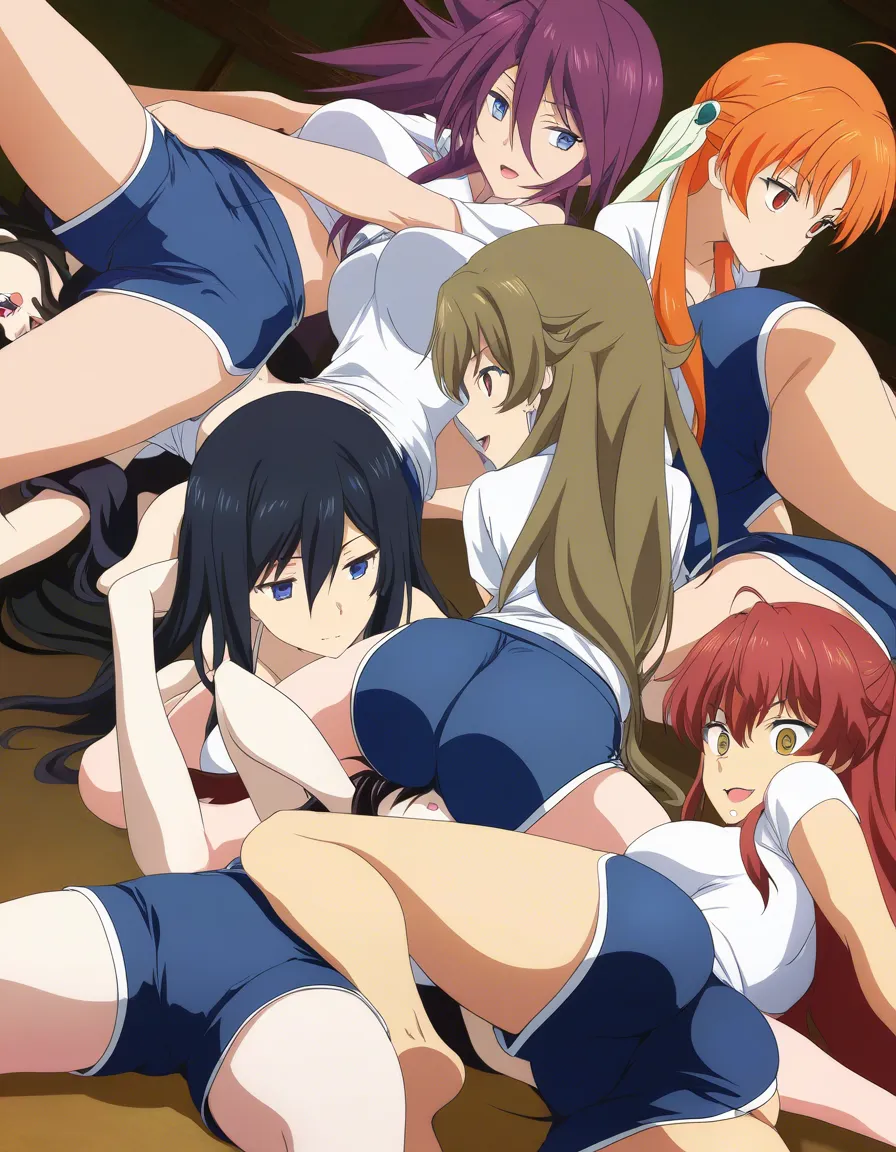 masterpiece, best quality, 5girls, feet out of frame, shorts, 69 position, lustful eyes, vivid anime colors, hentai_studio_quality