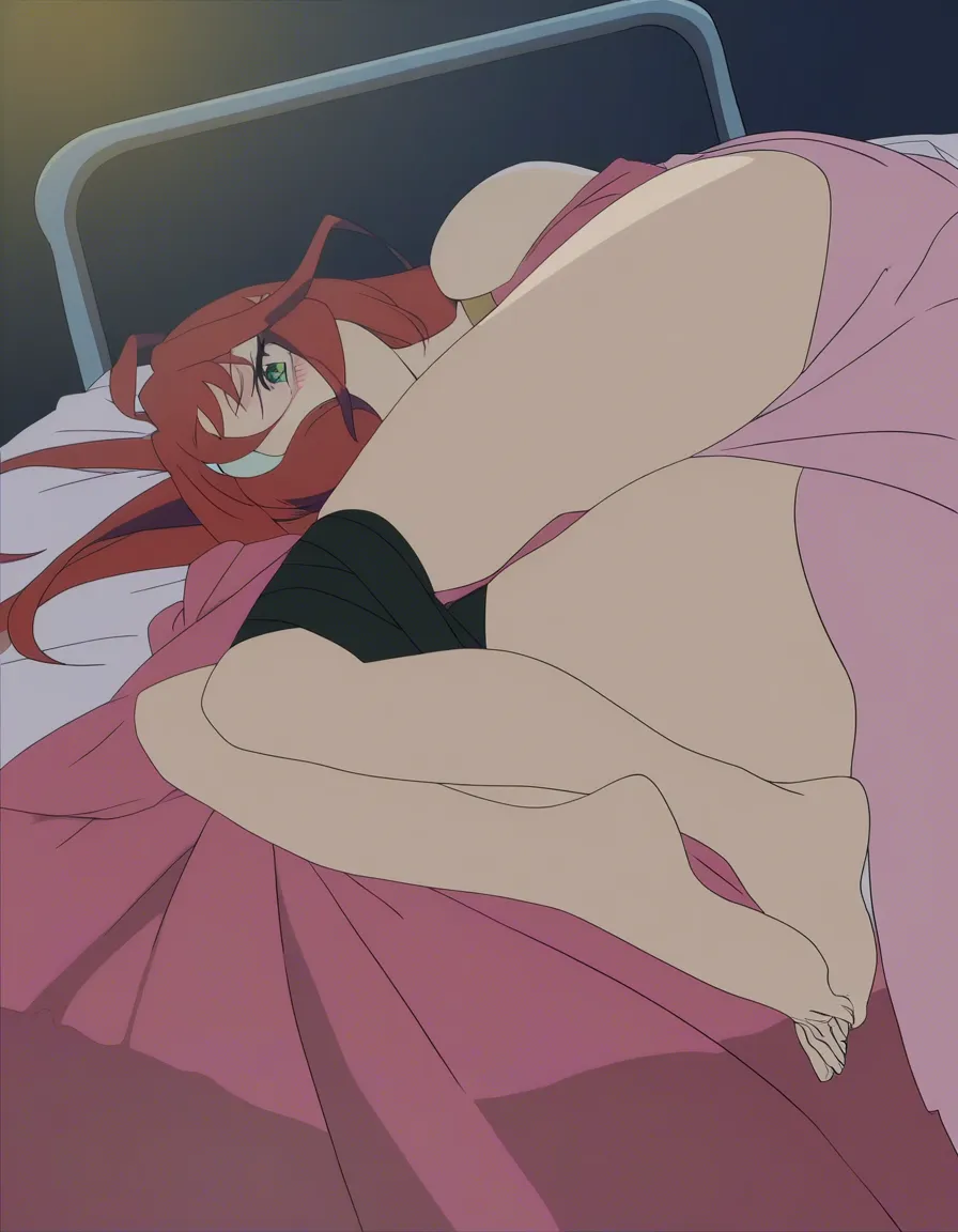 Pretty woman tied up in bed, (anime style:1.3), 2d, anime screencap, cel shading, flat color, @00osamio00